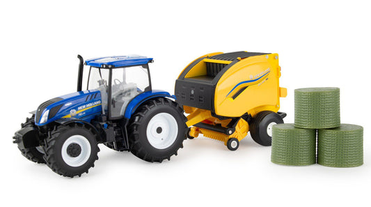 1/32 New Holland T6.175 Tractor with 561 Roll-Belt Round Baler & Bales